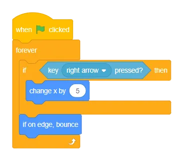 Scratch blocks: when green flag clicked, forever, if key right arrow pressed then, change x by 5, if on edge bounce